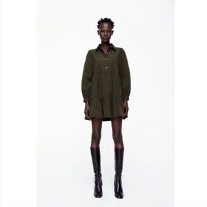 ZARA Corduroy Short Dress XS Dark Green Khaki